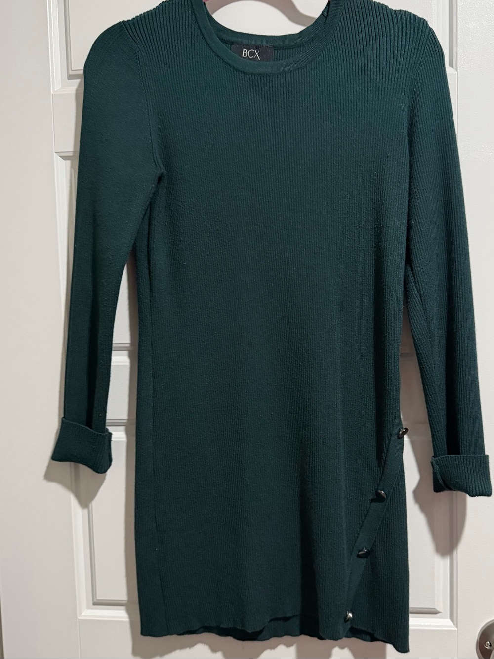 BCX Dark Green Ribbed Long Sleeve Button-Accent Dress